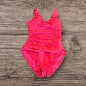 Lauren Ralph Lauren Women’s Red One Piece Swimsuit Ruffles Ruching Size 10
